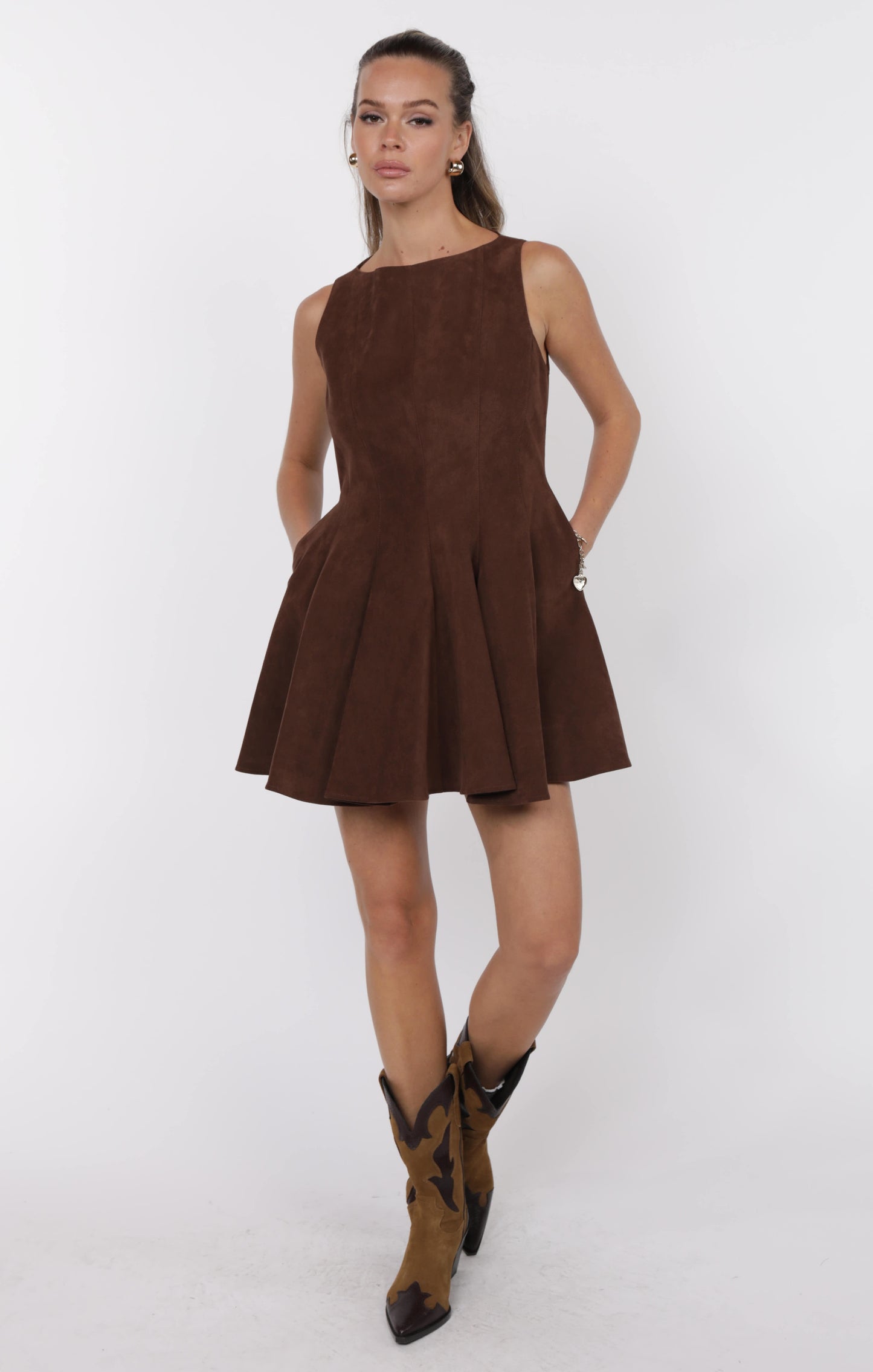 Far West Godet Detail Faux Suede Mini Dress