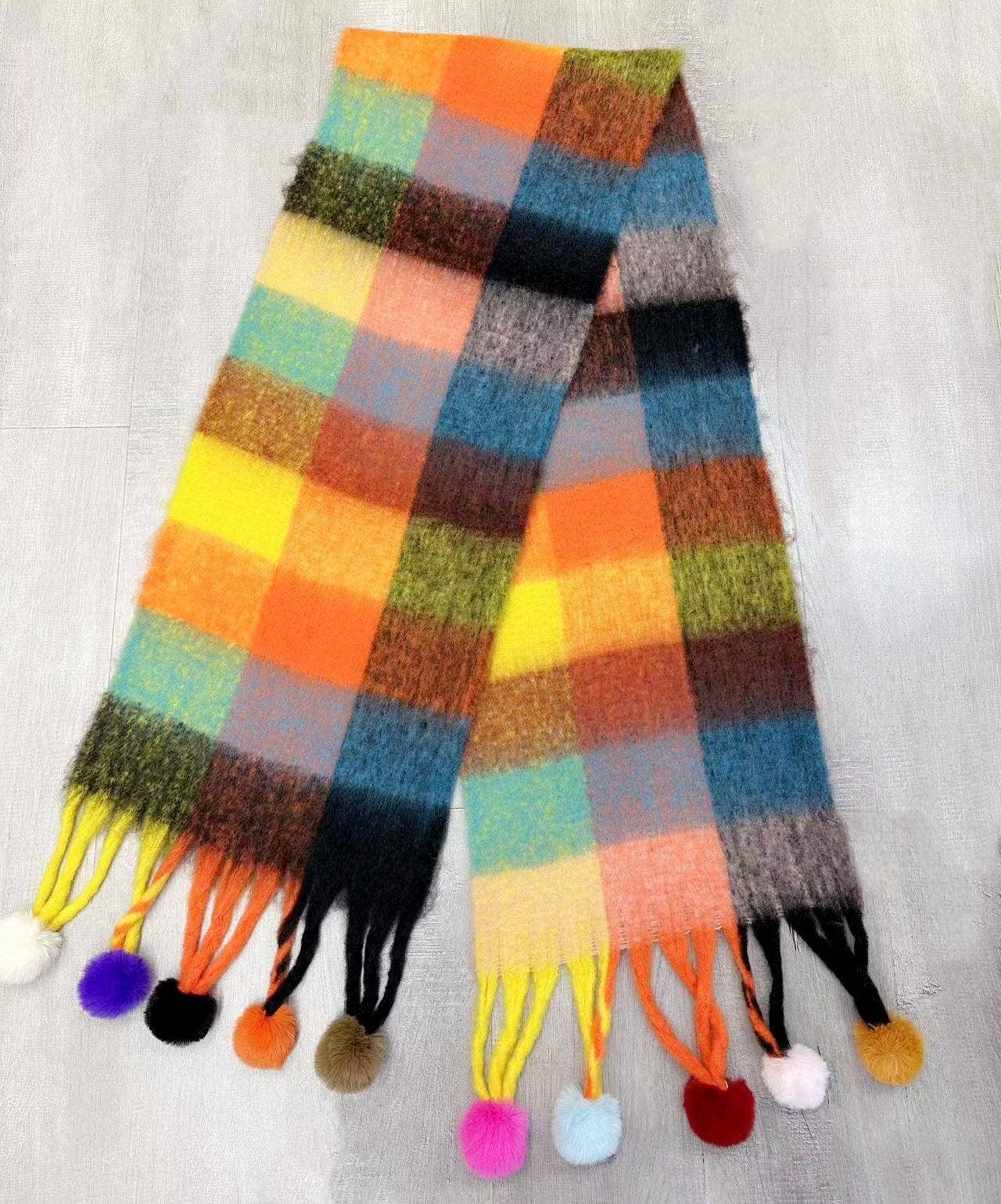 Colorful Plaid Fuzzy Pompom Scarf