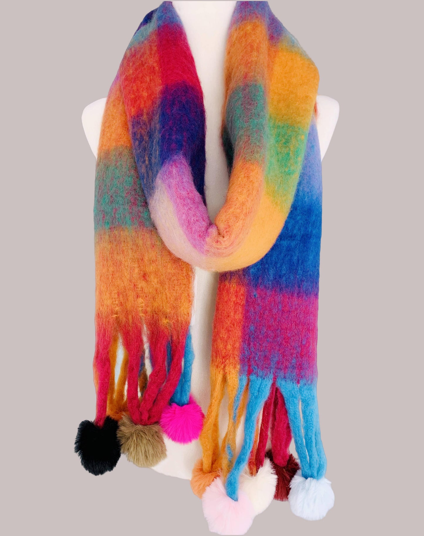 Colorful Plaid Fuzzy Pompom Scarf