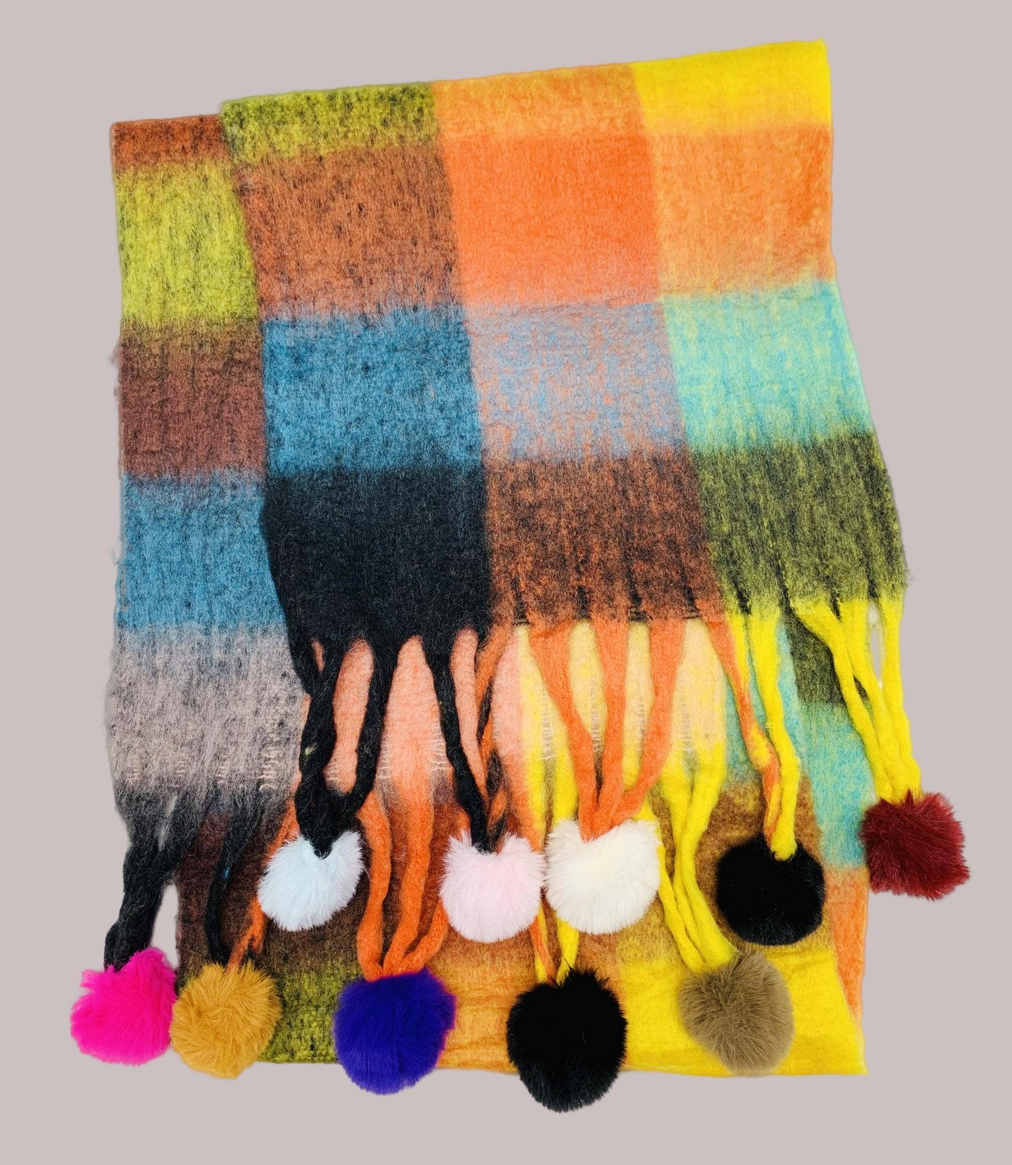 Colorful Plaid Fuzzy Pompom Scarf