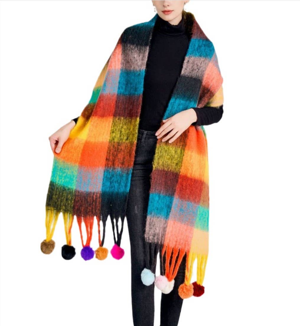 Colorful Plaid Fuzzy Pompom Scarf