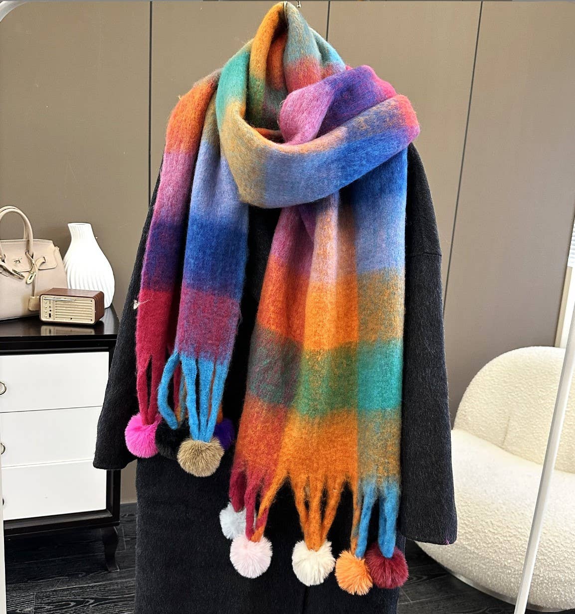 Colorful Plaid Fuzzy Pompom Scarf