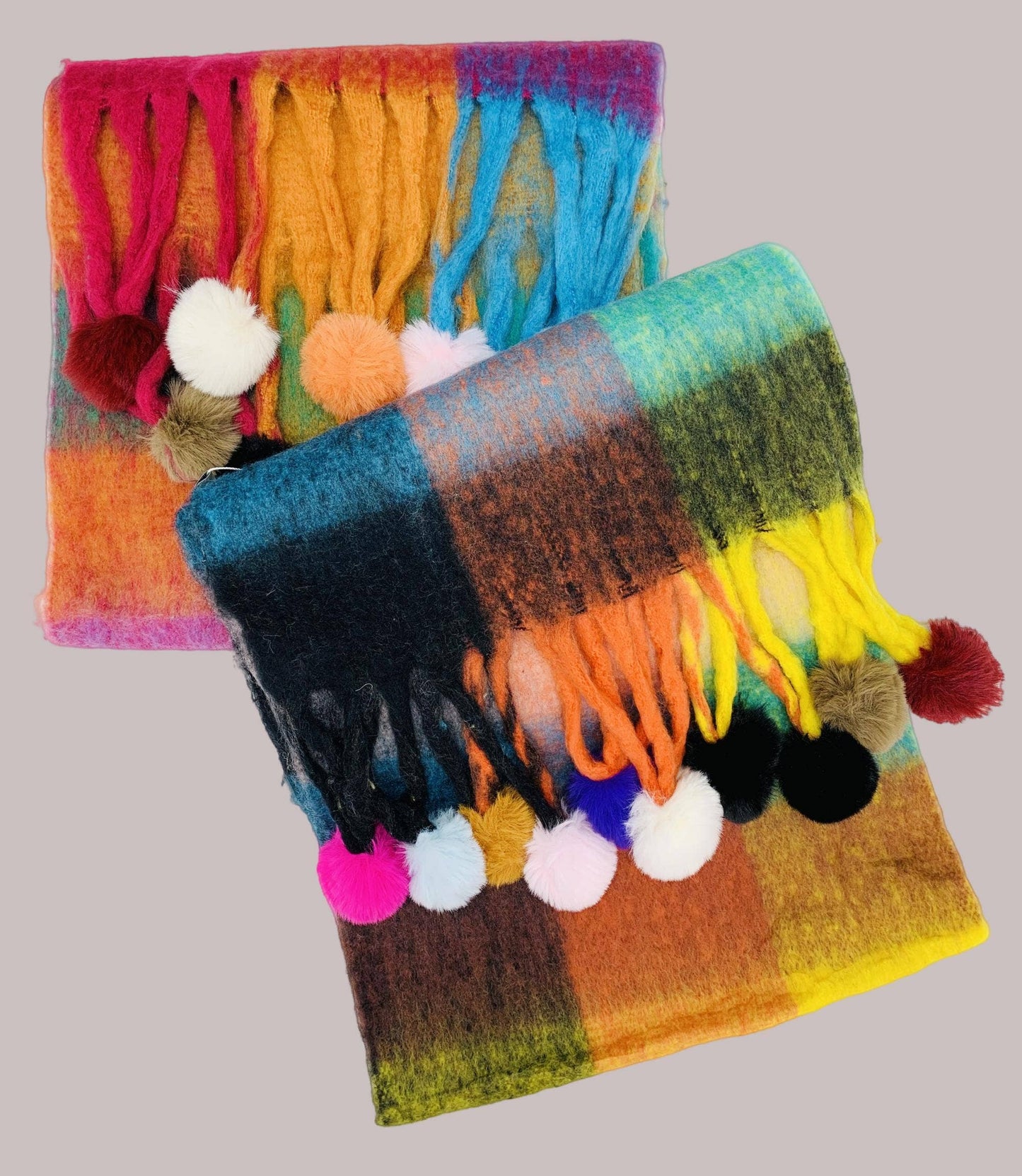 Colorful Plaid Fuzzy Pompom Scarf