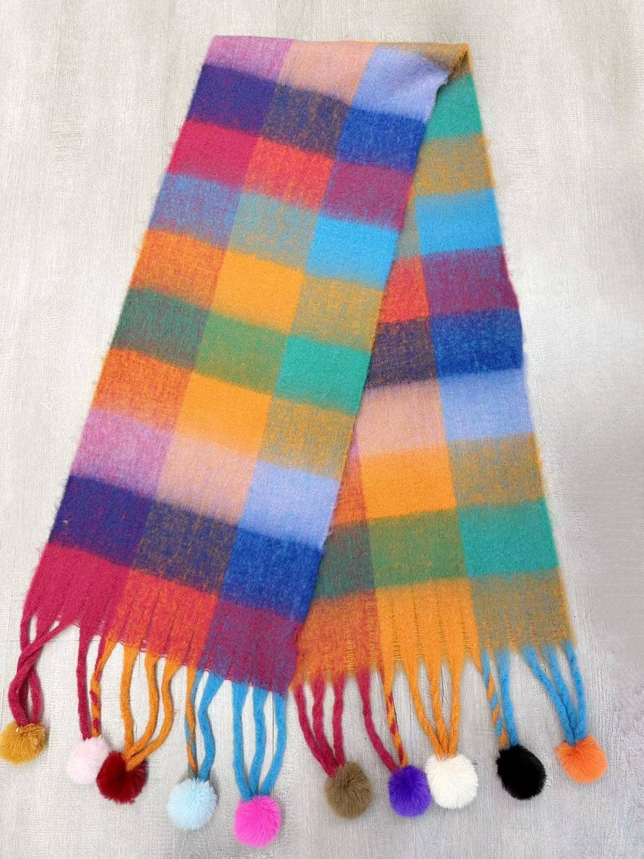 Colorful Plaid Fuzzy Pompom Scarf