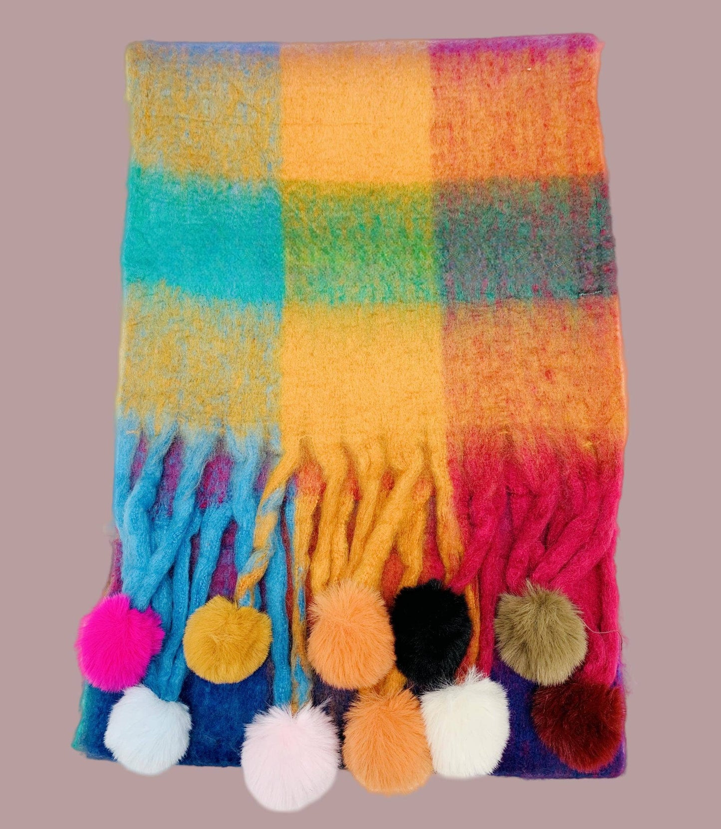 Colorful Plaid Fuzzy Pompom Scarf