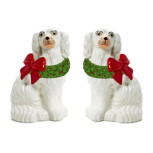 Holiday Wreath Ceramic Staffordshire Dog Statues SET OF 2