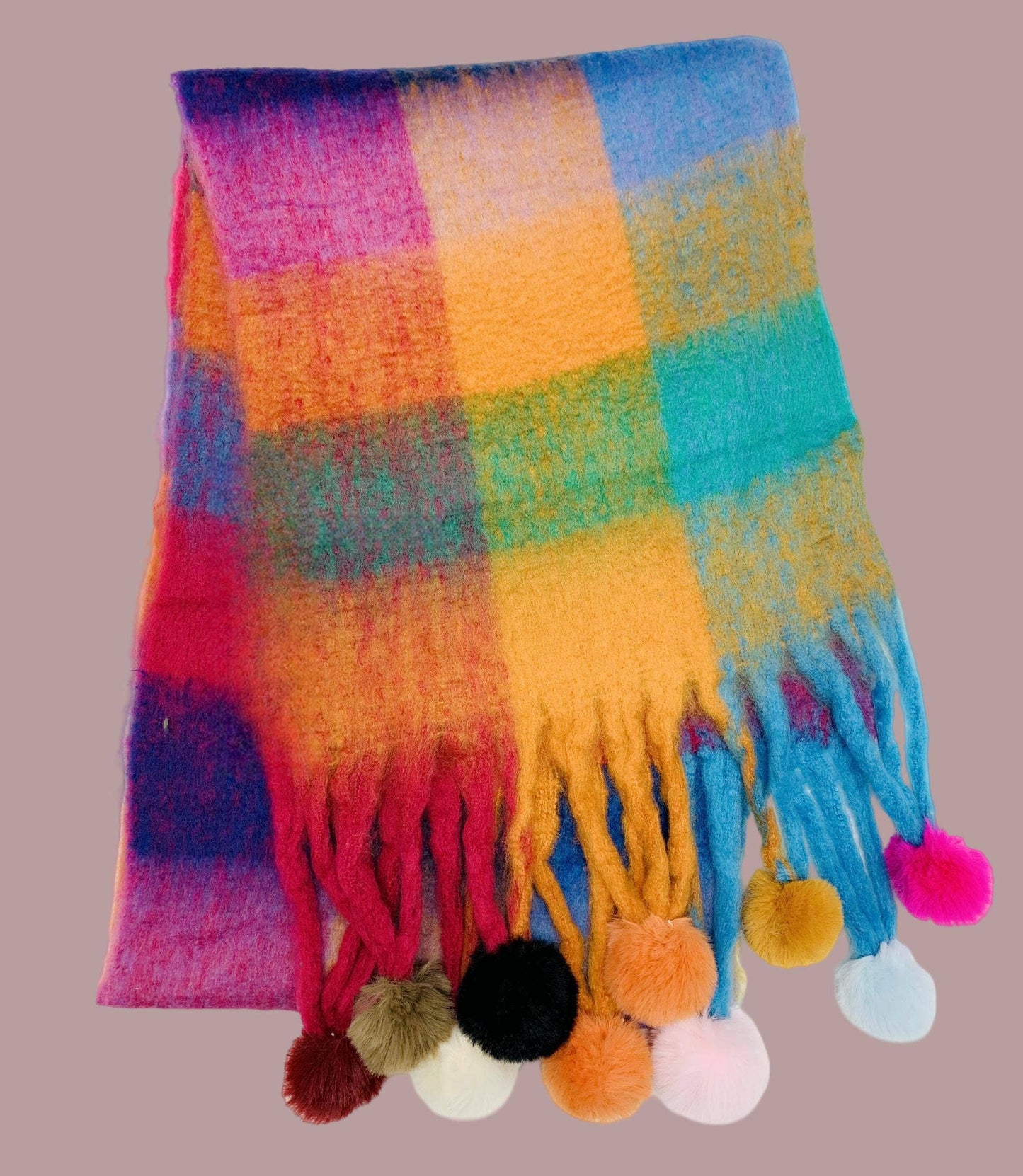 Colorful Plaid Fuzzy Pompom Scarf