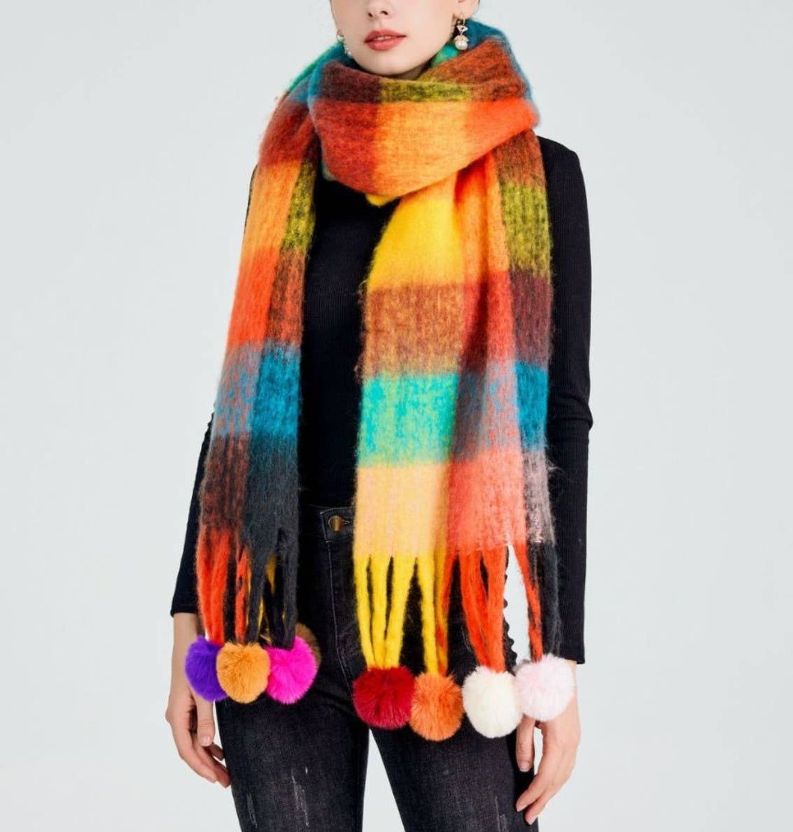 Colorful Plaid Fuzzy Pompom Scarf