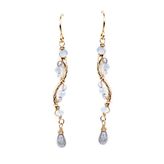 Twisted Gold Tube Wrapped Chalcedony & Labradorite Earring