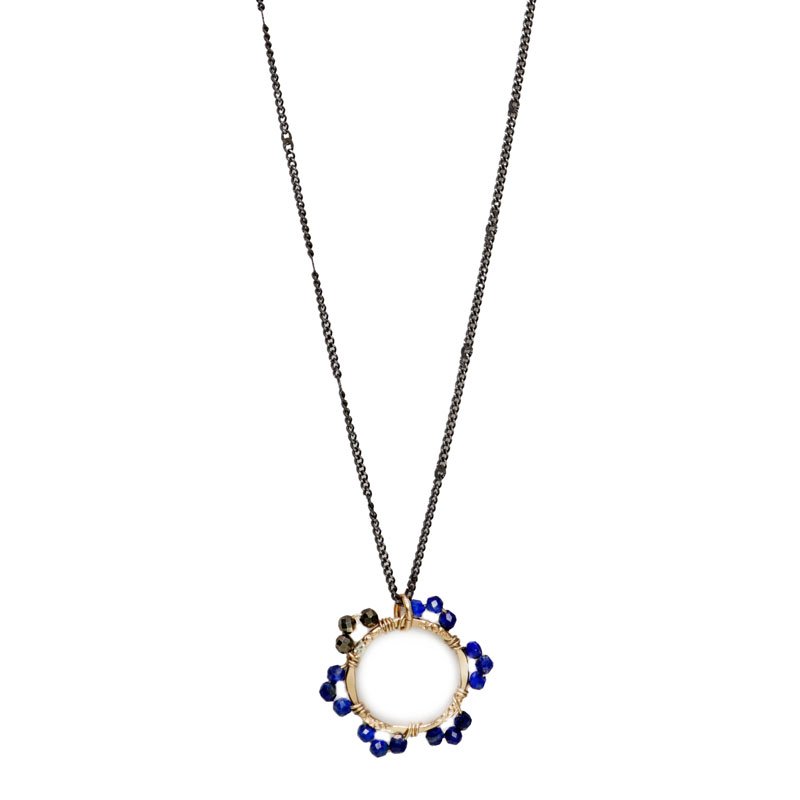 Lapis and Pyrite Gold Flower Pendant Necklace