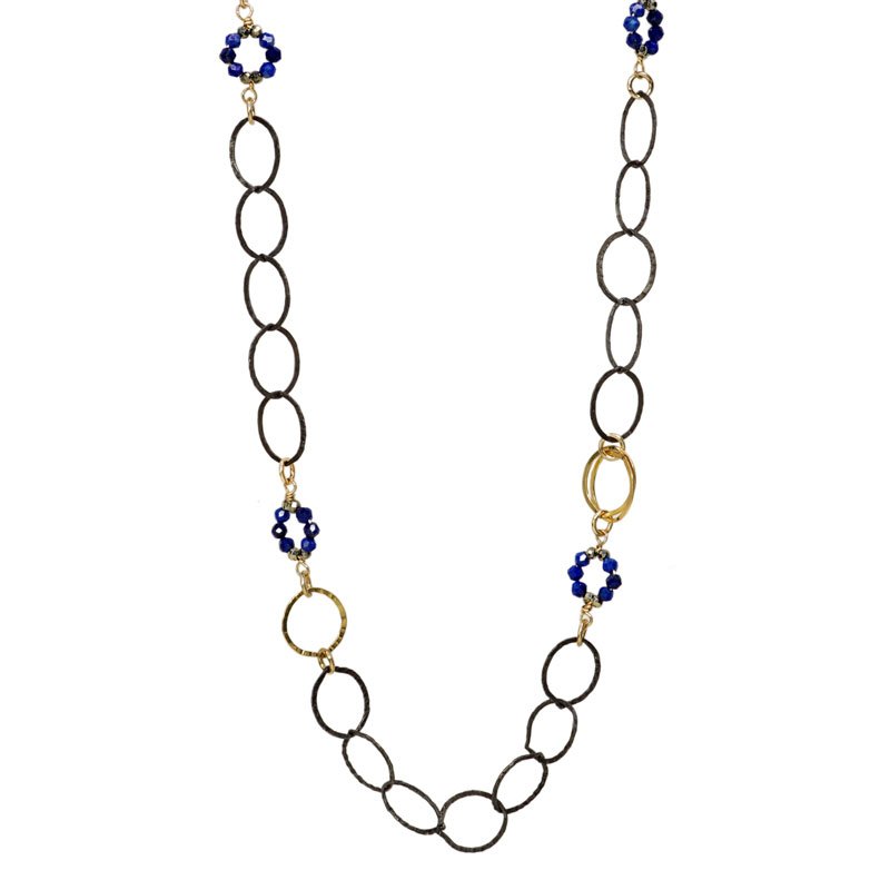 Oxidized sterling silver and 14k gold-filled chain with wrapped lapis and pyrite circles