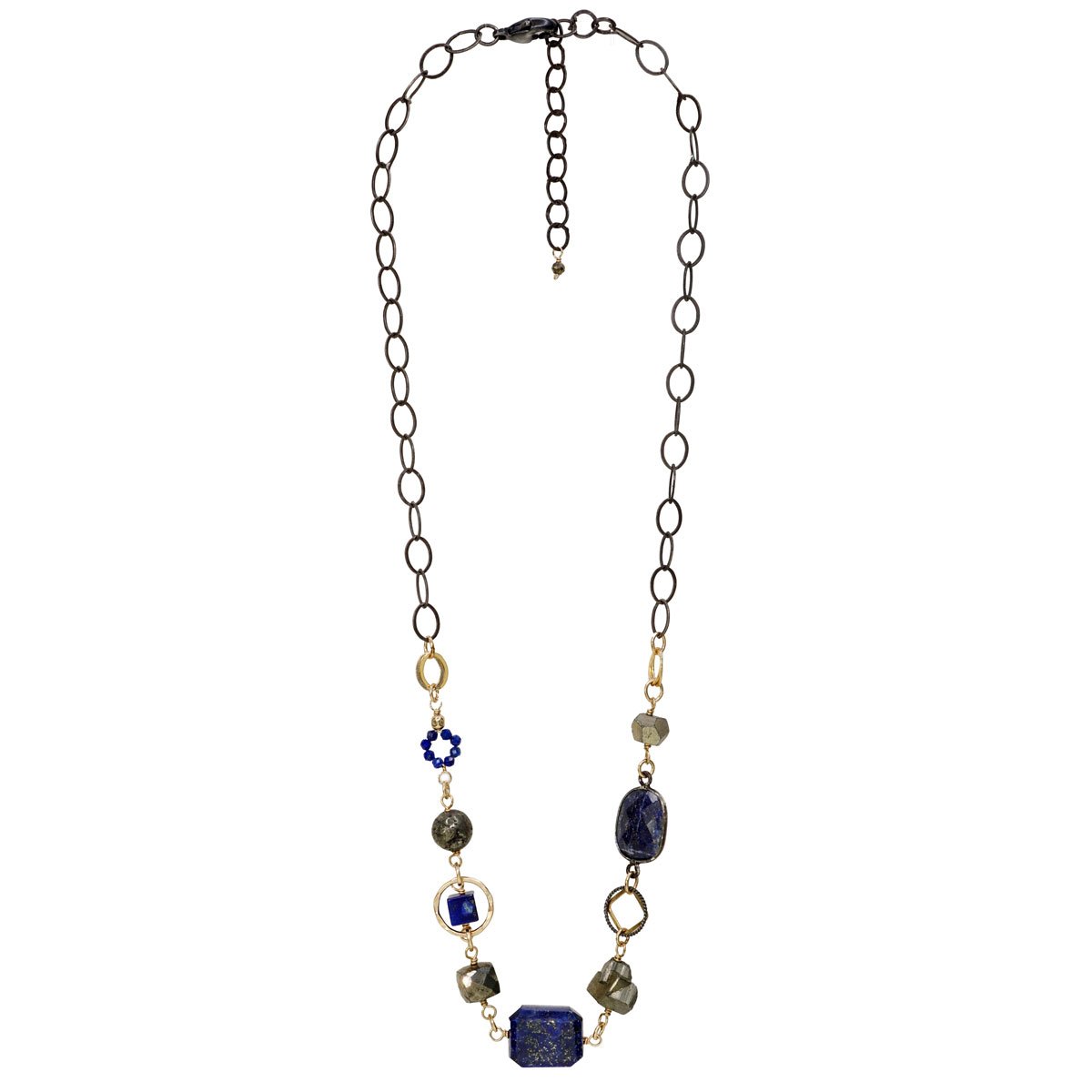 Chunky Lapis, Pyrite Necklace w/ Mixed Oxidized Silver and 14k Gold-Filled Chain