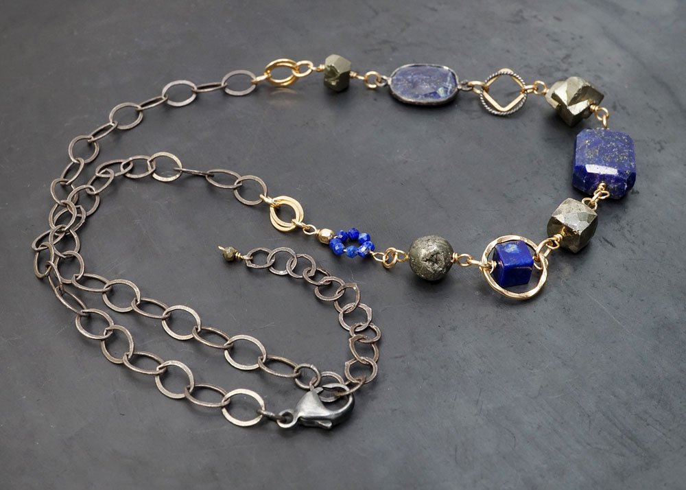 Chunky Lapis, Pyrite Necklace w/ Mixed Oxidized Silver and 14k Gold-Filled Chain