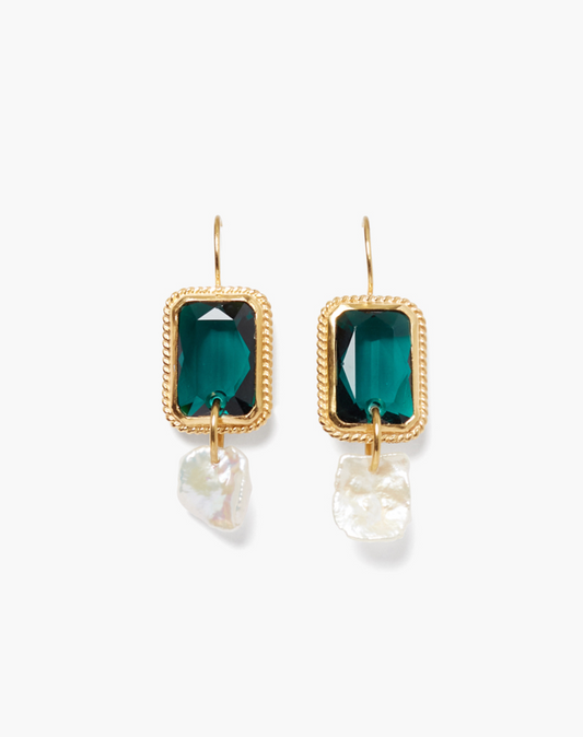 Bezel Wrapped Emerald Crystals and Fresh Water Pearl Earrings