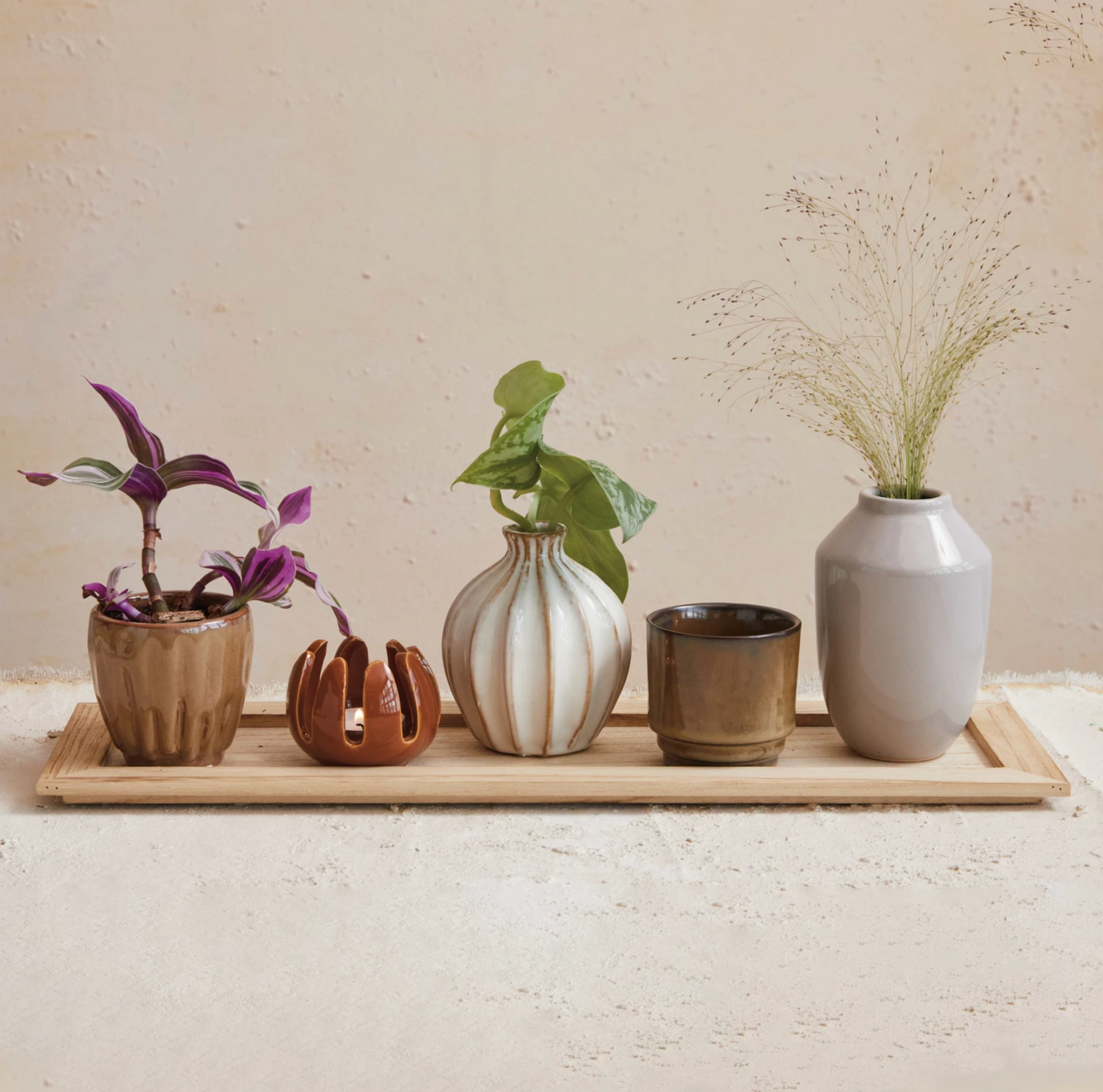 Wood Tray with Stoneware Vases & Votive Holders