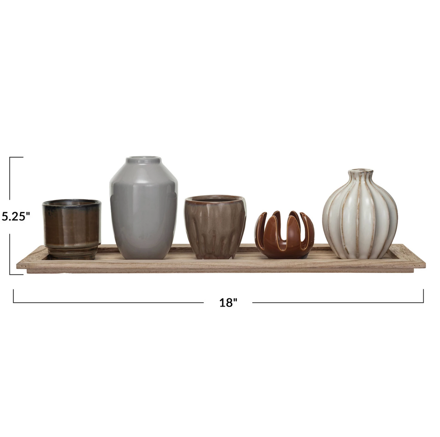 Wood Tray with Stoneware Vases & Votive Holders