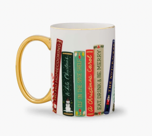 Festive Book Club Porcelain Mug With Gold Handle