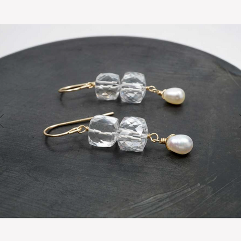 Stacked Quartz Cubes with Pearl Drops with 14k Gold-Filled Earrings