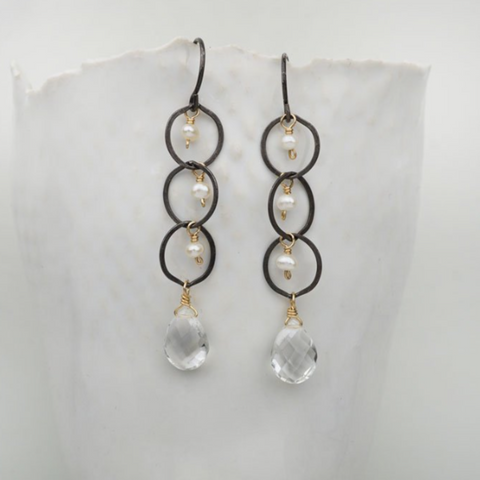 Oxidized Silver Triple Circles with Pearls and Quartz Drop Earrings