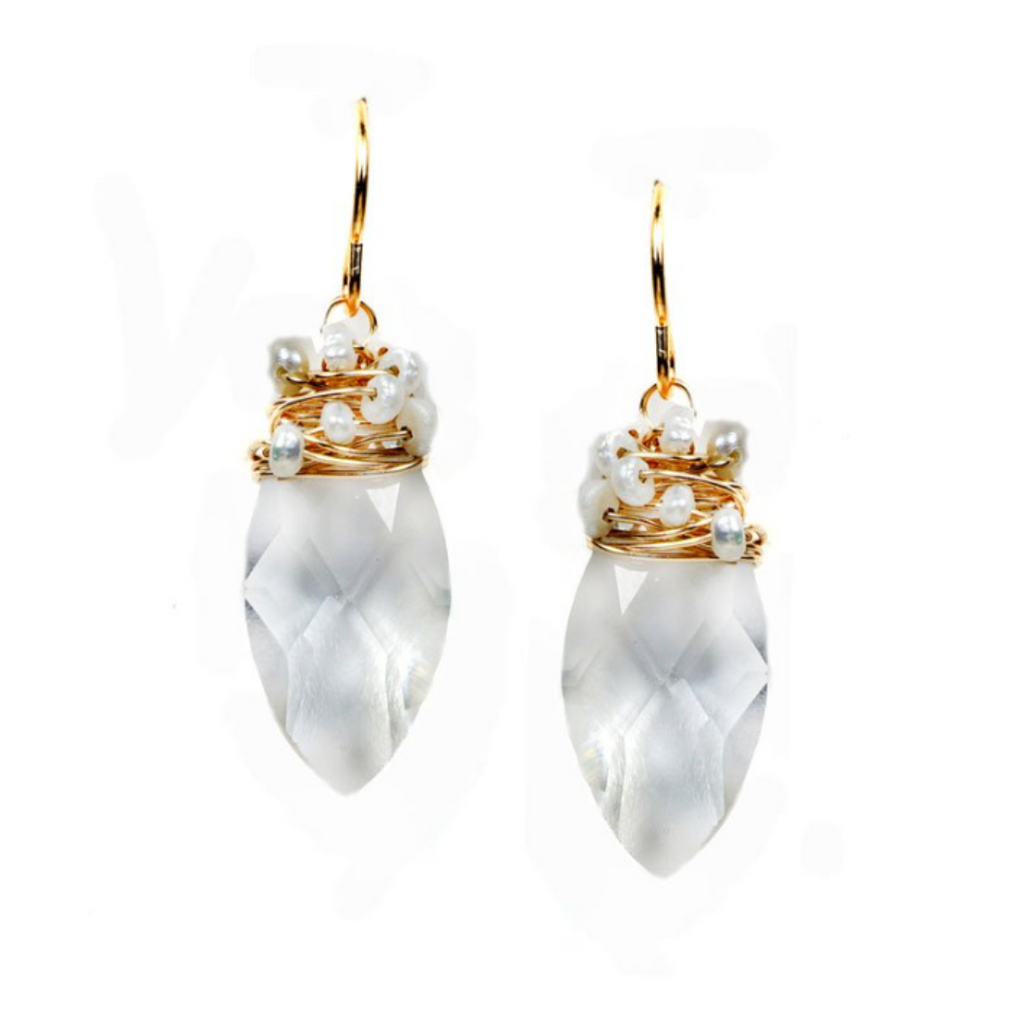 Quartz Wrapped in Tiny Pearls 14k Gold-Filled Earrings