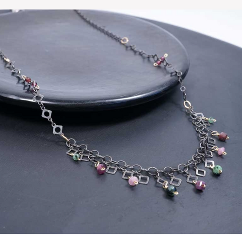 Pink Tourmaline, Ruby Zoisite and Garnet Drops on Oxidized Silver Square Chain Necklace