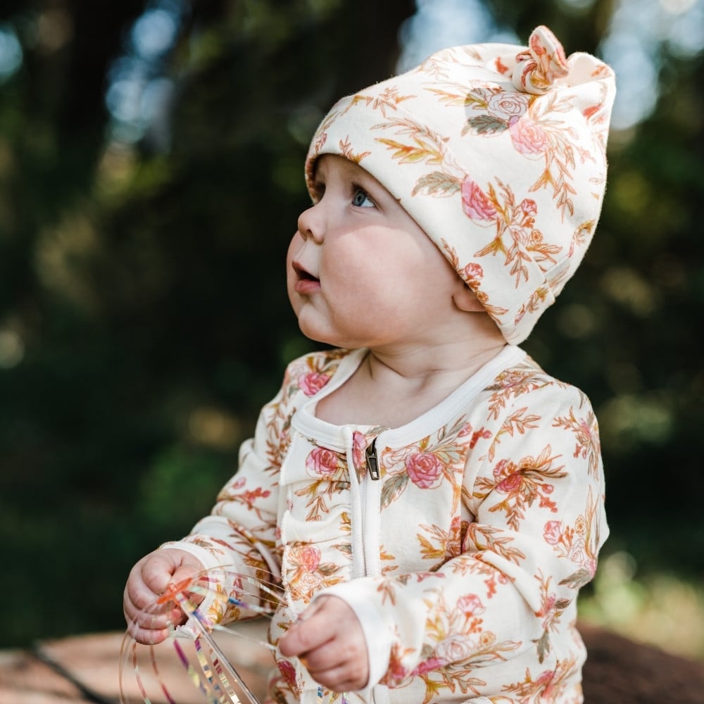 Organic Cotton Knotted Beanie Hat - Vintage Floral