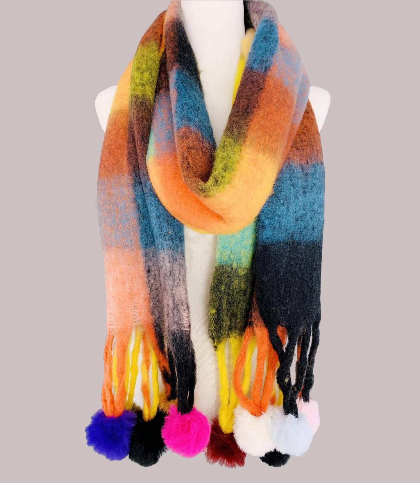 Colorful Plaid Fuzzy Pompom Scarf