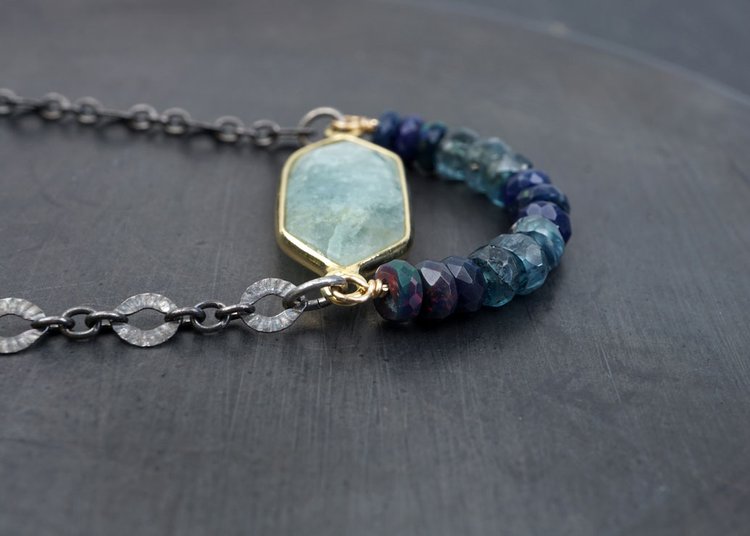Aquamarine Hexagon Pendant with Opal and Moss Kyanite Beaded Arch Necklace
