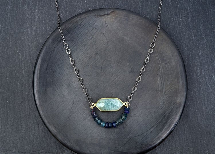 Aquamarine Hexagon Pendant with Opal and Moss Kyanite Beaded Arch Necklace