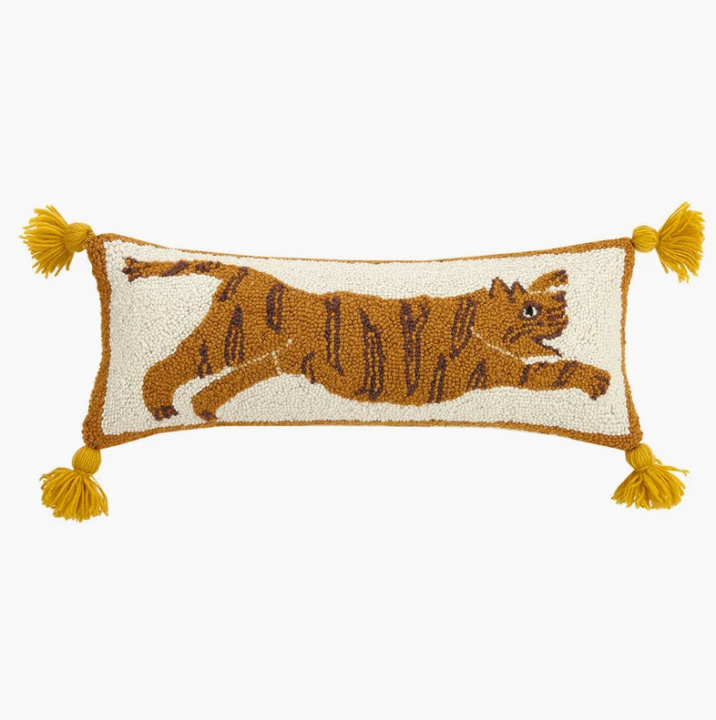 Tiger Hooked Wool Pillow with Tassels