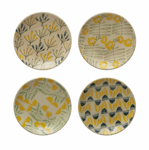Hand-Stamped Stoneware Plates w/ Flowers